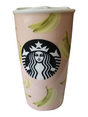 Starbucks 2015 Pink Banana Themed Ceramic Tumbler- 12oz Travel Mug w/ Lid